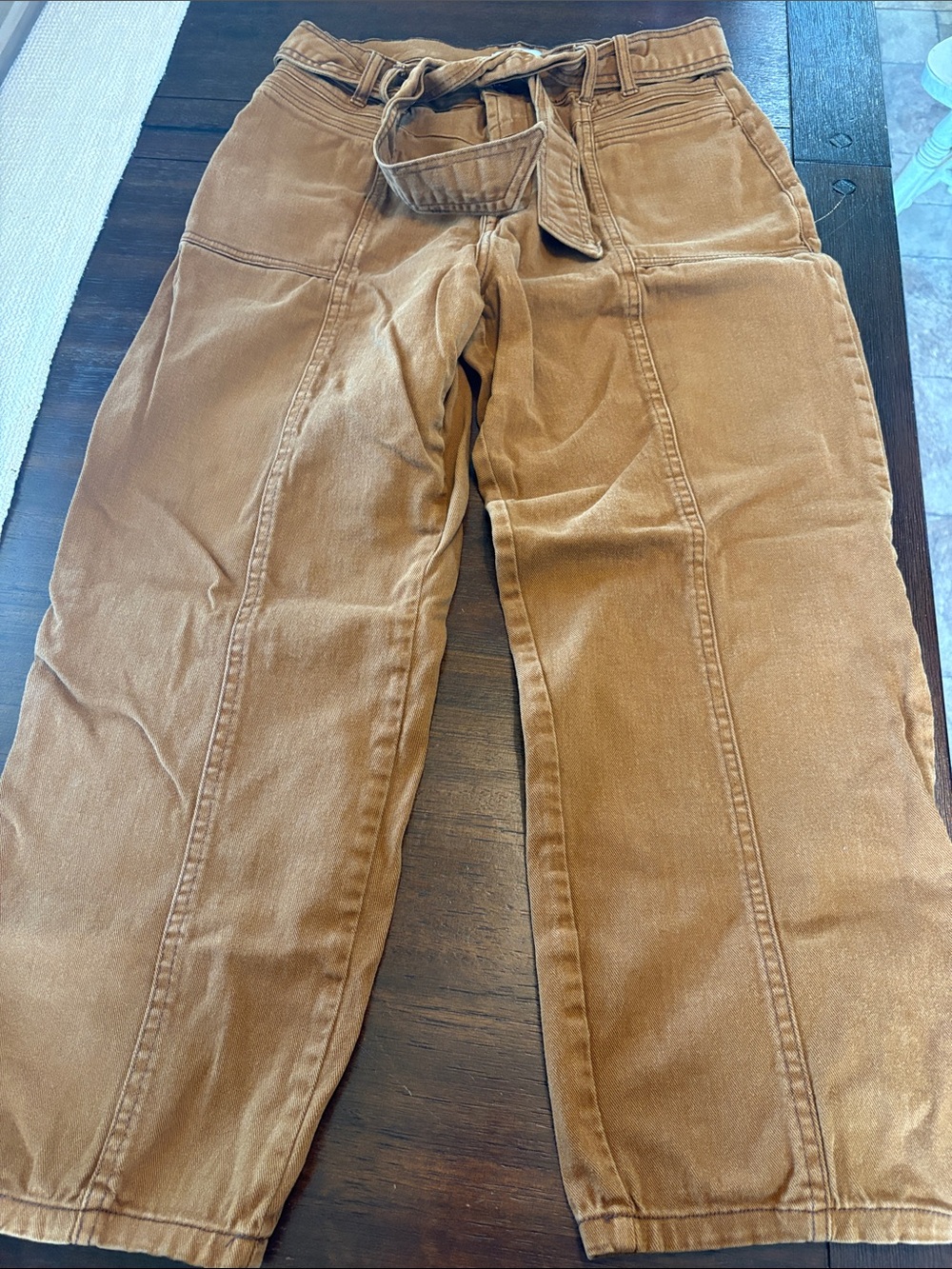 Kensie Camel Brown Corduroy Wide-Leg Jeans with Tie Waist
